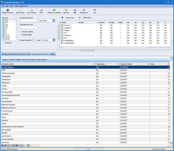 Free software to find expiring domains. Domain finder, keywords, rules, match.